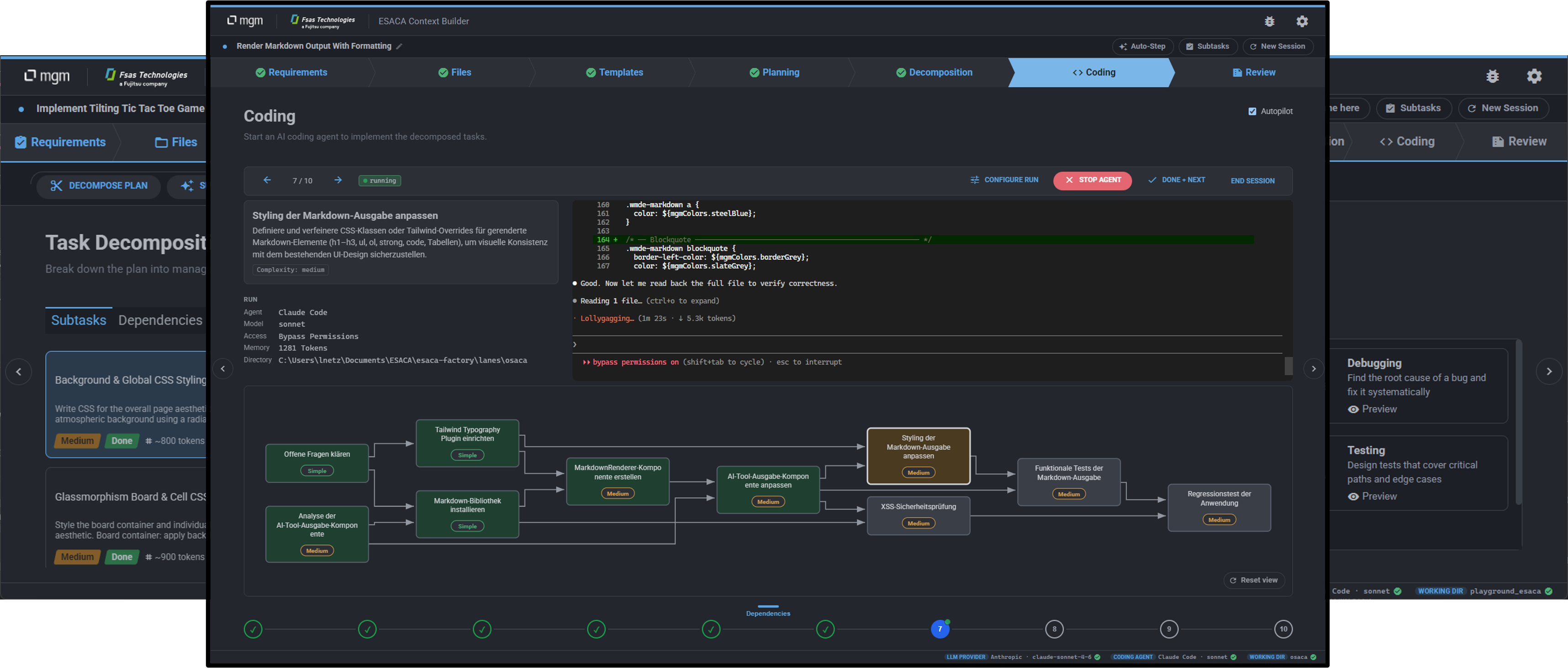 The ESACA Context Builder: the Coding step, with the requirements-to-review workflow and a subtask dependency graph.